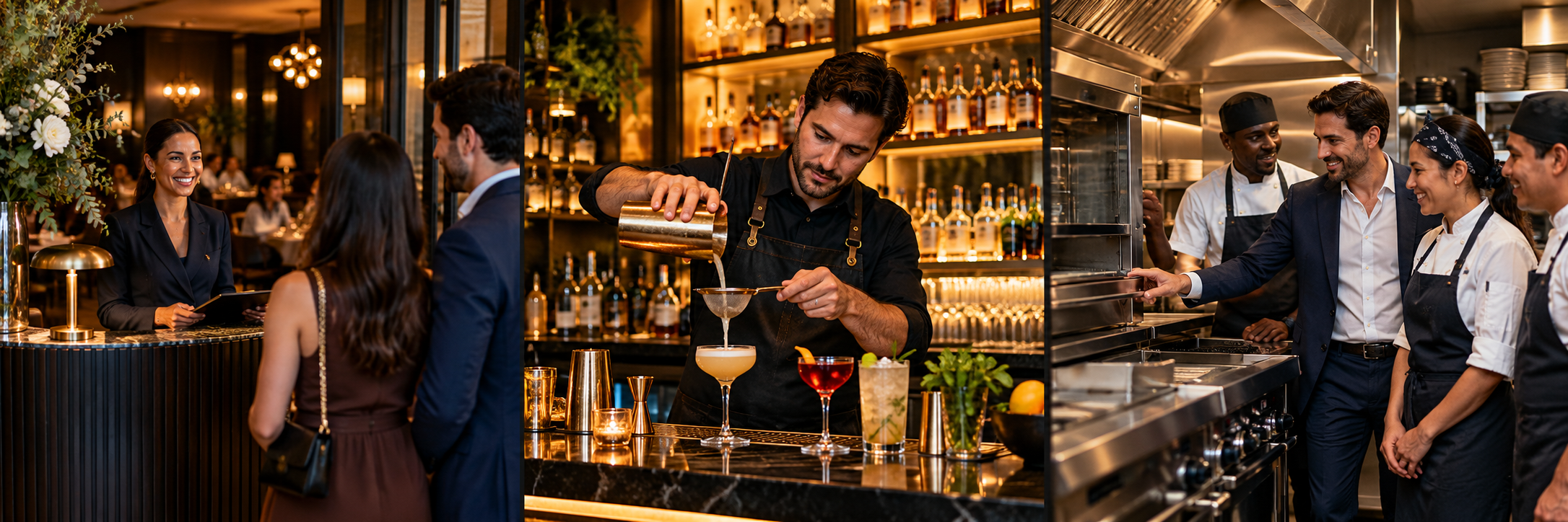 A restaurant welcoming guests, preparing drinks, and planning kitchen improvements.