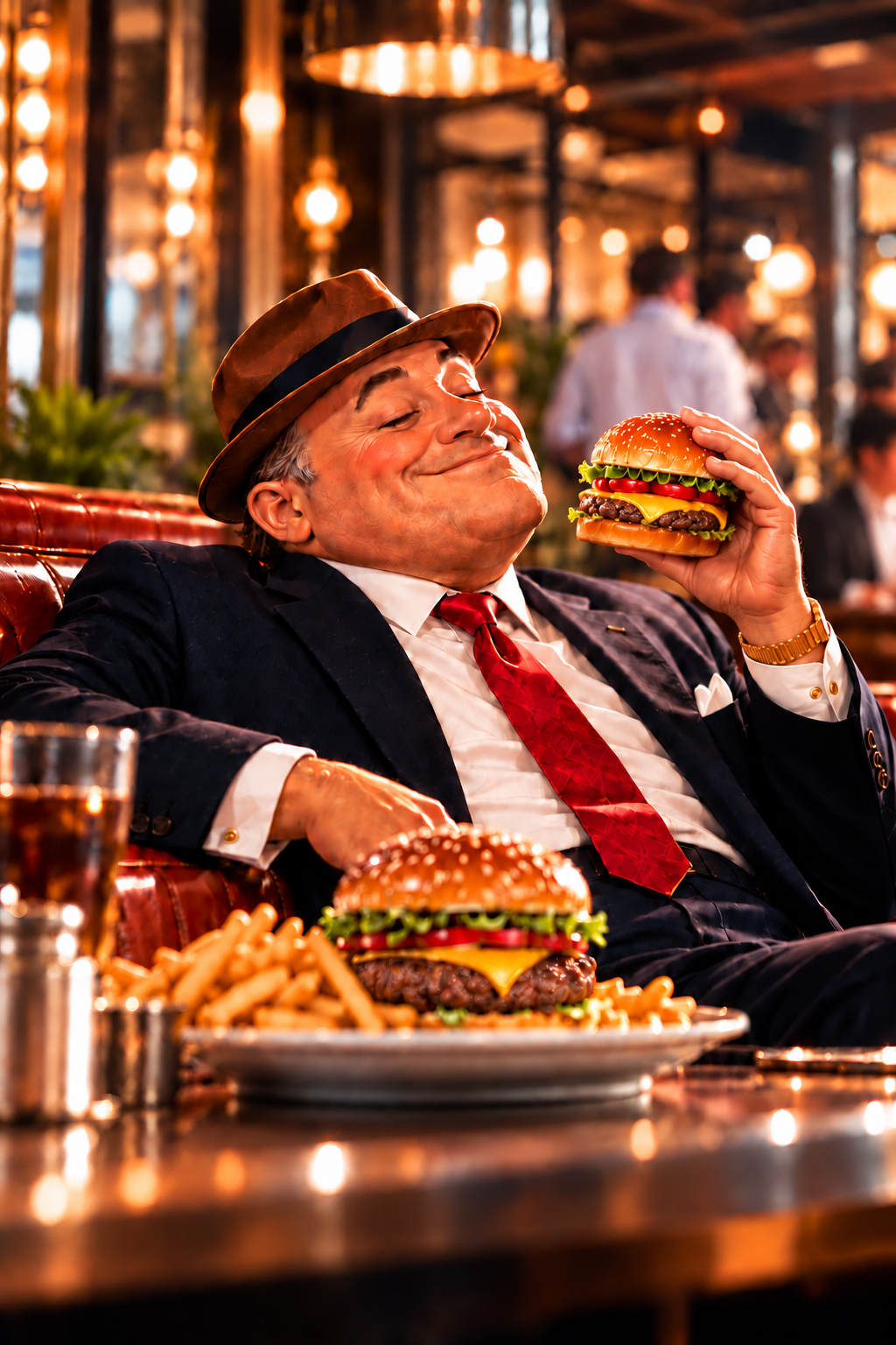 A gentleman enjoying a burger in a warmly lit restaurant, from the One Stone restaurant capital campaign.
