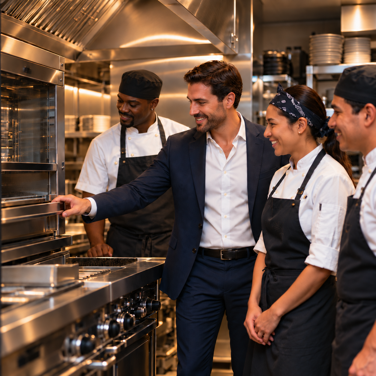 A restaurant team reviewing equipment in a professional kitchen.
